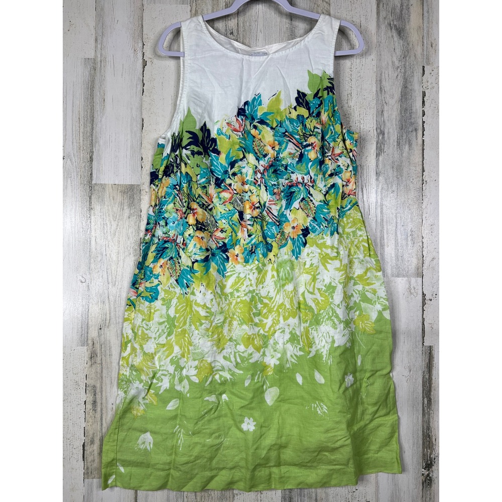 J Jill Linen Floral Dress Women Size L Green Tropical Summer Sleeveless Sundress